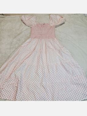 Maxwell and Geraldine White Red Swiss Dot Milkmaid Puffed Sleeve‎ Maxi Dress M